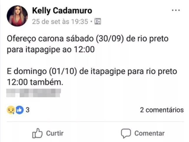 Kelly Cadamuro oferecia caronas por WhatsApp e em grupos do Facebook com frequência, segundo namorado (Foto: Reprodução/Facebook)