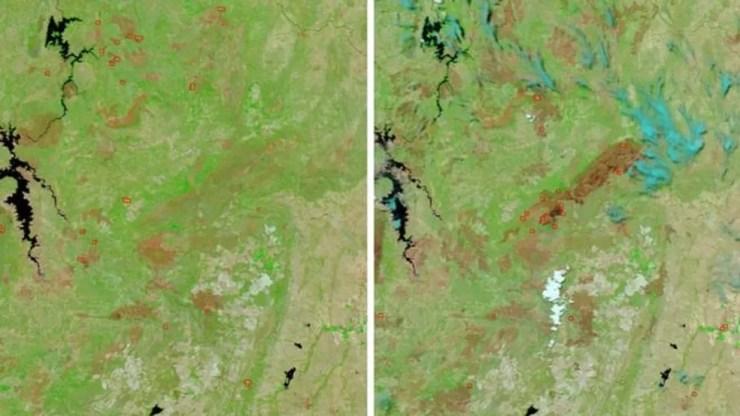Imagens captadas por satélite da Nasa mostram antes e depois dos incêndios na Chapada  (Foto: Nasa)
