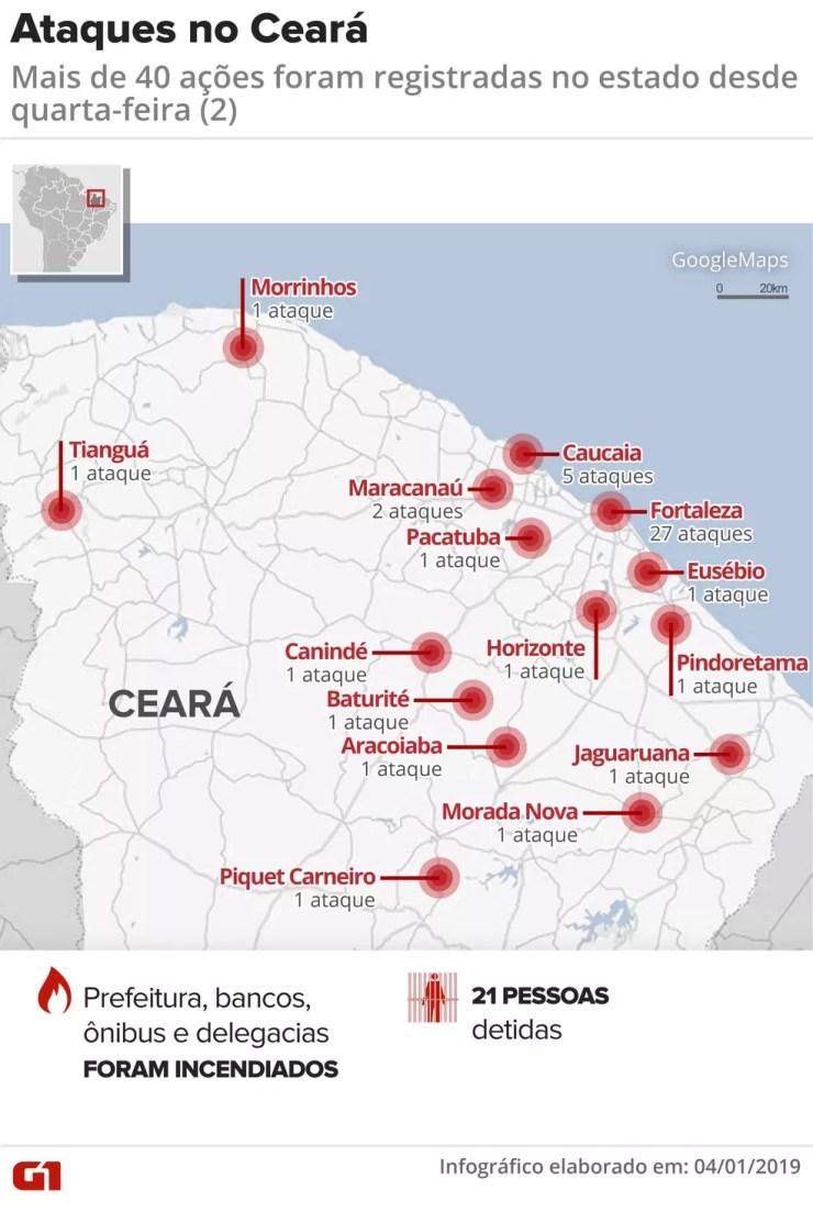Ceará tem terceira noite violenta, com 45 crimes em 15 cidades — Foto:  Infográfico: Juliane Monteiro/G1