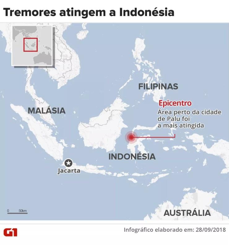 Mapa mostra área tingida por terremotos e tsunami na Indonésia — Foto: Infografia: Karina Almeida