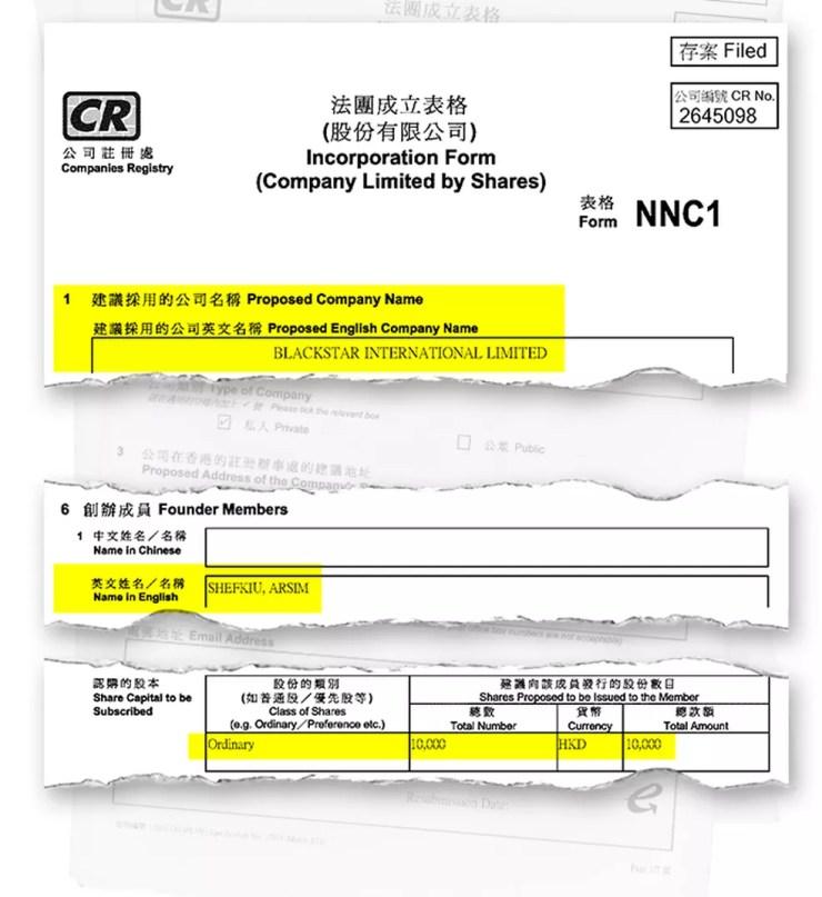 Documento de Hong Kong mostra quem é o presidente e qual é capital social da Blackstar: 10 mil dólares de Hong Kong, equivalente a R$ 5 mil — Foto: Reprodução