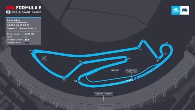 Mapa do circuito de Tempelhof, palco do ePrix de Berlim da Fórmula E — Foto: Fórmula E