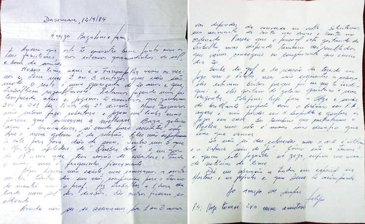 Cartas de Luiz Felipe Scolari para o amigo Bagatini, em 1984. Foi a primeira experiência dele fora do Brasil. E a vontade de voltar pra casa era enorme — Foto: Arquivo pessoal