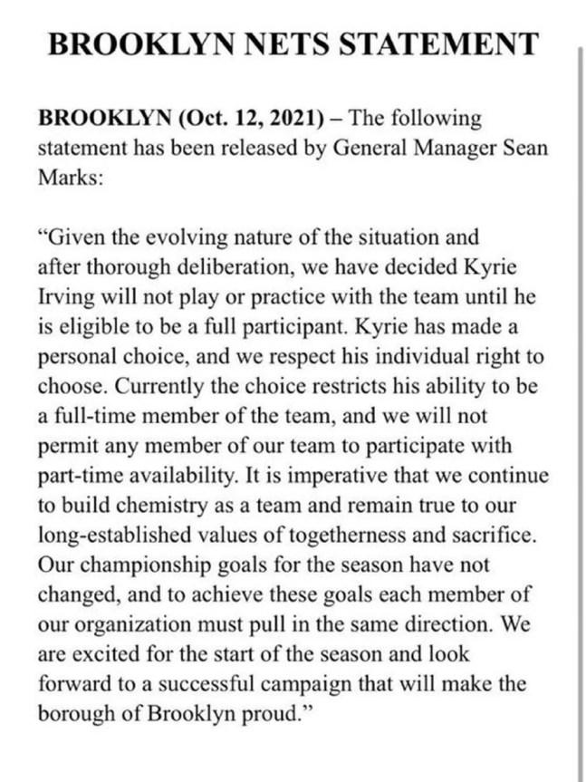 Comunicado do Brooklyn Nets explicando o afastamento de Kyrie Irving da equipe — Foto: Reprodução Twitter