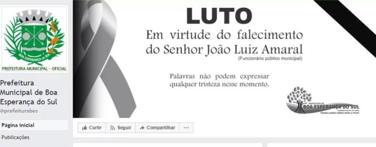 Prefeitura de Boa Esperança do Sul postou mensagem de luto (Foto: Reprodução)
