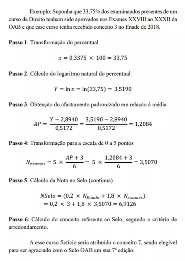 Exemplo de como seria um cálculo envolvido na avaliação do Selo OAB Recomenda — Foto: Reprodução/OAB