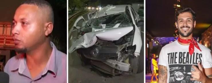 Motorista Kaique Reis contou que chochilou e bateu seu carro por app na traseira de caminhão; ex-BBB Rodrigo Mussi estava no banco traseiro e se feriu no acidente em SP — Foto: Reprodução/TV Globo e Celso Tavares/g1