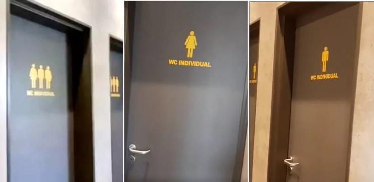 Na montagem, as portas do banheiro da lanchonete de Bauru antes da mudança (à esq.), e agora, com indicações específicas para "feminino" e "masculino" — Foto: Arquivo pessoal e @acontecendoembauru