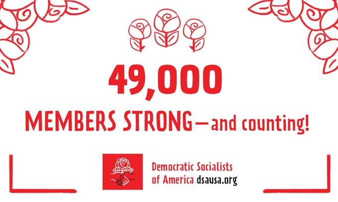 Red text on white background: "49,000 MEMBERS STRONG -- and counting!" Three roses above text. DSA logo with a rose growing from two clasped hands below.