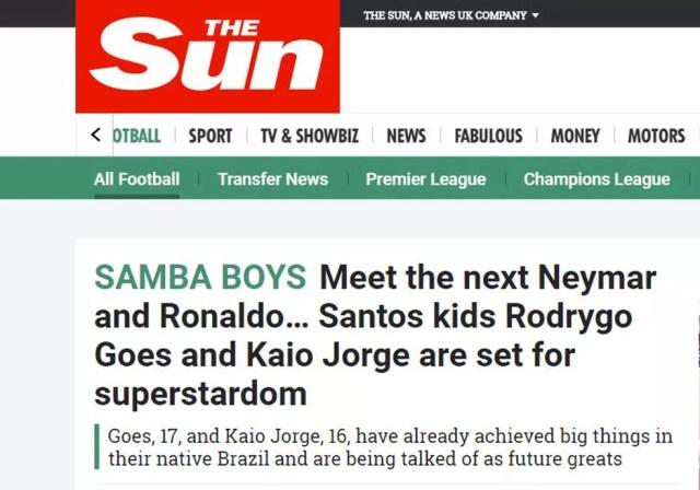 Kaio Jorge foi comparado ao lado do amigo Rodrigo a Ronaldo Fenômeno por um jornal inglês — Foto: Reprodução