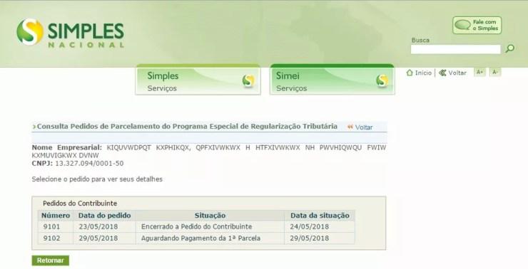 Tela de adesão ao Refis das PMEs no portal do Simples Nacional (Foto: Divulgação/Receita Federal)