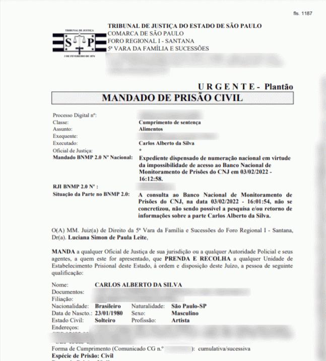 Cópia do mandado de prisão contra Carlinhos Mendigo — Foto: Reprodução