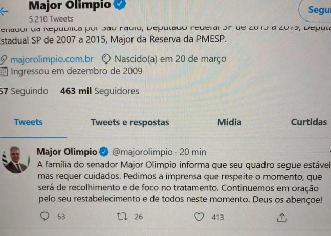 Família do senador Olímpio pede orações nas redes sociais — Foto: Reprodução