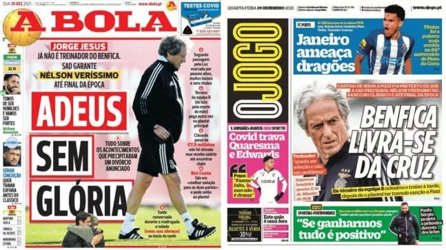 Jorge Jesus em destaque nas capas dos jornais de Portugal — Foto: Reprodução