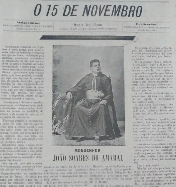 Morte de Monsenhor João Soares foi destaque em jornal da época (Foto: Acervo/Gabinete de Leitura Sorocabano)