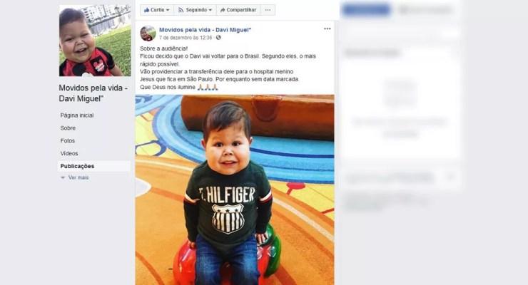 Família de Davi Miguel faz post em rede social sobre a volta ao Brasil — Foto: Reprodução/Facebook