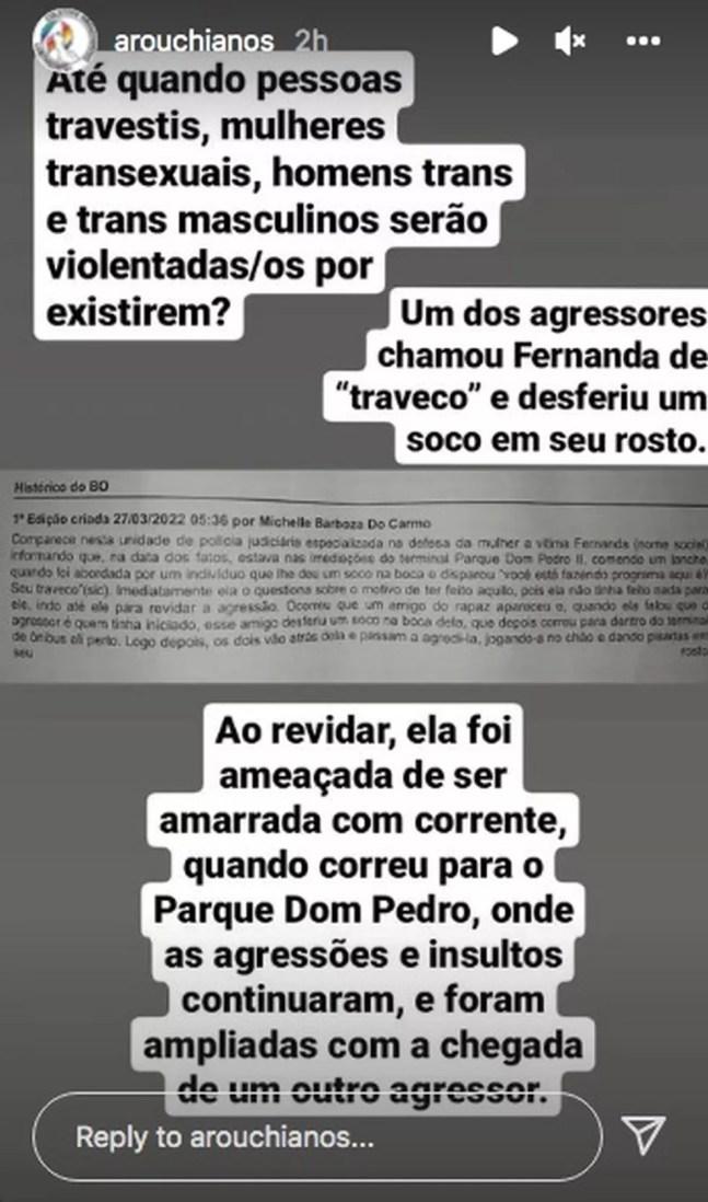 Coletivo posta mensagem sobre agressão sofrida por Fernanda Frazão no Centro de São Paulo. — Foto: Reprodução/Instagram