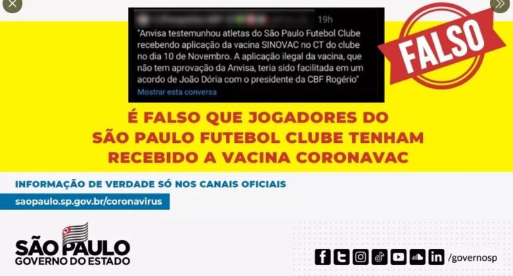 Governo de São Paulo diz que é fake news que jogadores do São Paulo foram vacinados — Foto: Reprodução