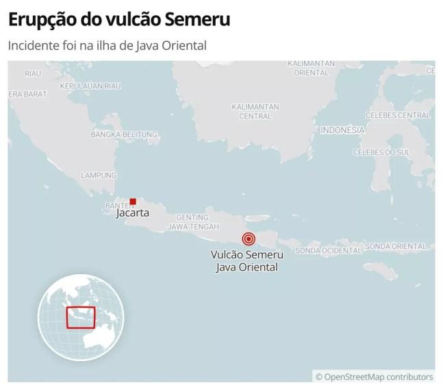 Erupção do vulcão Semeru: incidente foi na ilha de Java Oriental — Foto: g1