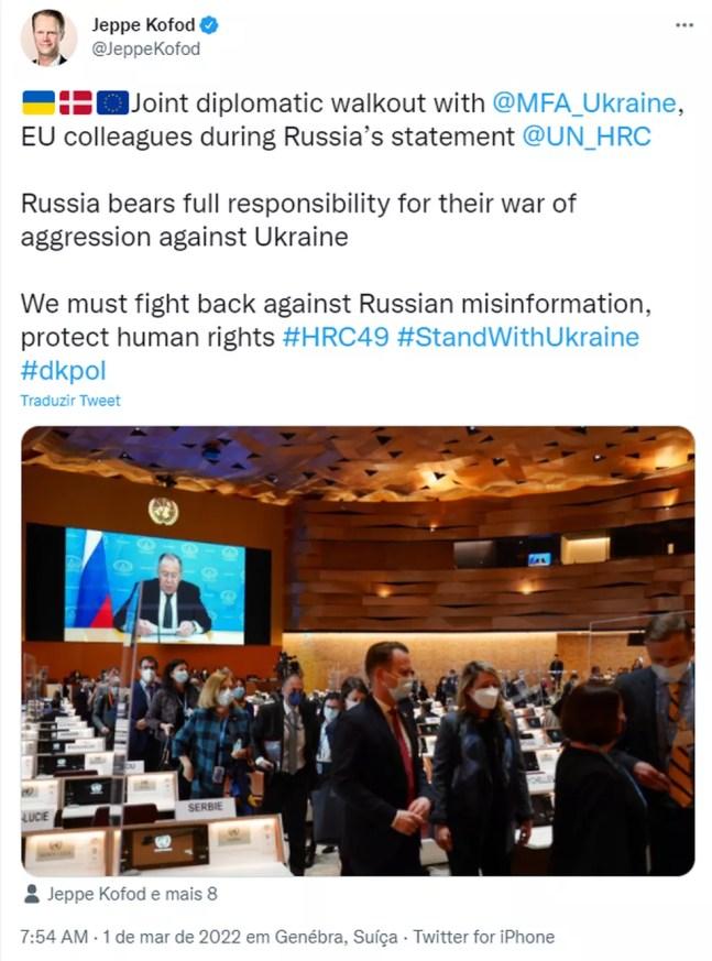 Tuíte de Jeppe Kofod sobre episódio na Conferência sobre Desarmamento da ONU, nesta terça (1º) — Foto: Reprodução/redes sociais