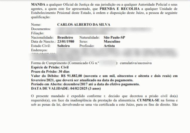 Documento da Justiça informa que Carlinhos Mendigo deve mais de R$ 90 mil para o filho — Foto: Reprodução