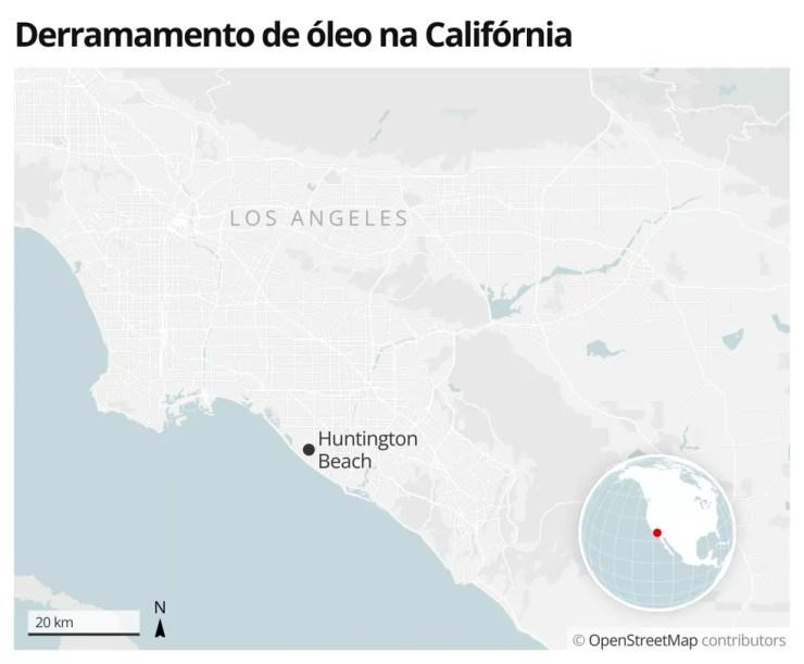 Mapa mostra Huntington Beach, cidade mais afetada por vazamento de petróleo na costa da Califórnia — Foto: G1 Mundo
