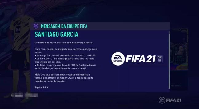 EA Sports anuncia remoção de Santiago García do FIFA 21 — Foto: Reprodução/FIFA 21