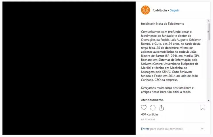 Foxbit postou mensagem de condolências após a morte de seu sócio fundador — Foto: Reprodução/Instagram