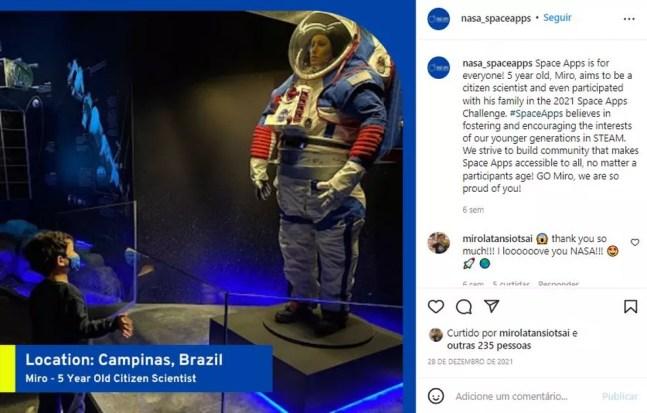 Miro aparece em uma publicação do Instagram oficial da Nasa, a agência espacial americana — Foto: Reprodução/Instagram