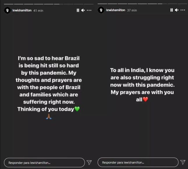 Lewis Hamilton faz post sobre covid-19 no Brasil e na Índia — Foto: Reprodução