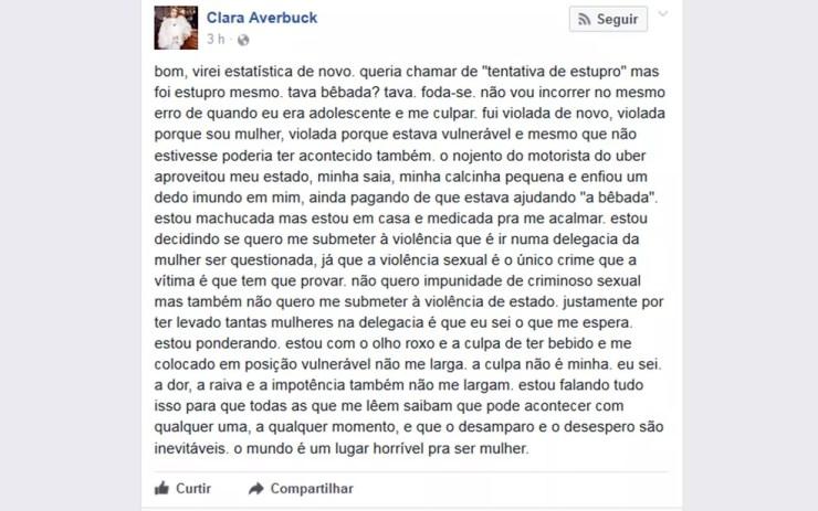 Clara Averbuck postou nas redes sociais  (Foto: Reprodução/Facebook/Clara Averbuck)