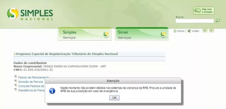 Tela de adesão ao Refis das PMEs no portal do Simples Nacional (Foto: Divulgação/Receita Federal)