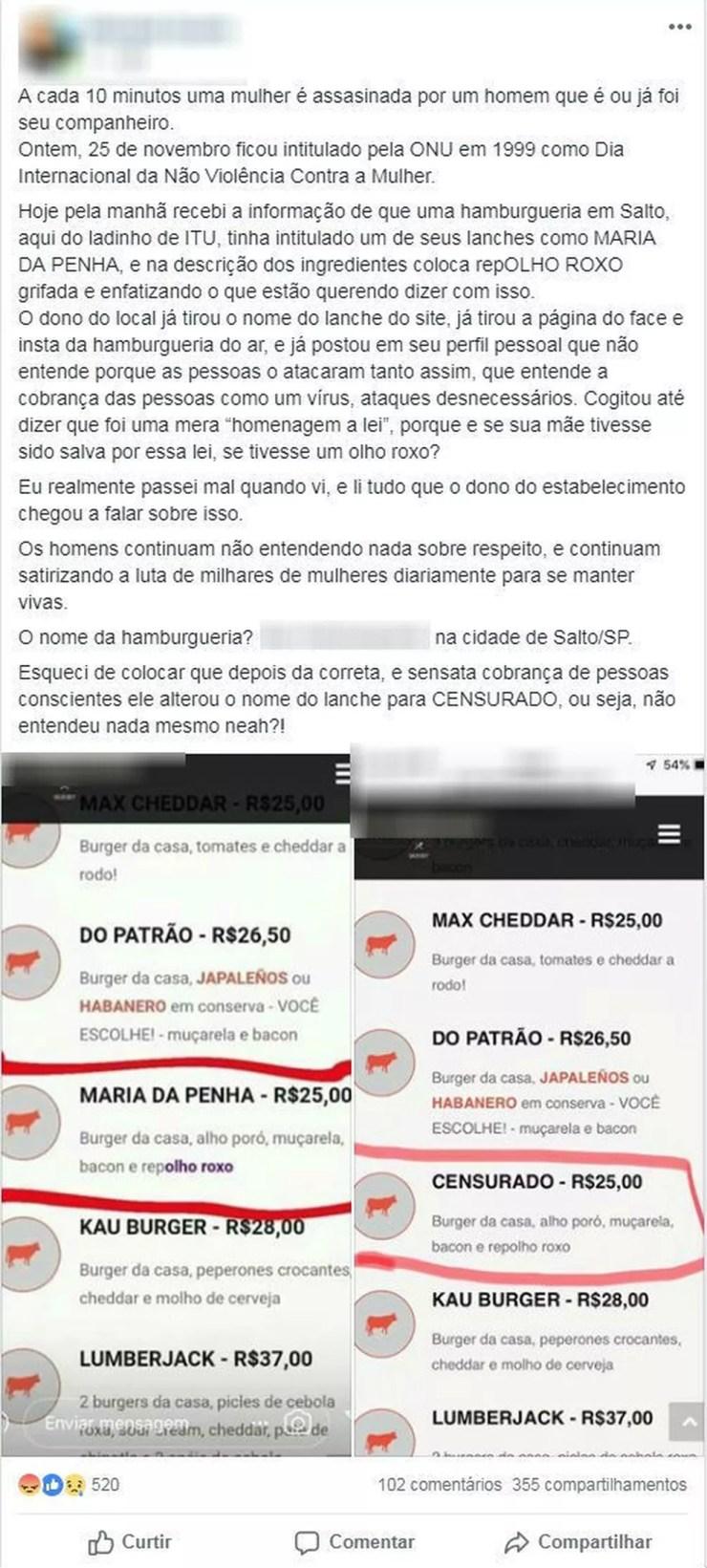 Hamburgueria de Salto causou polêmica nas redes sociais — Foto: Rede social/Reprodução