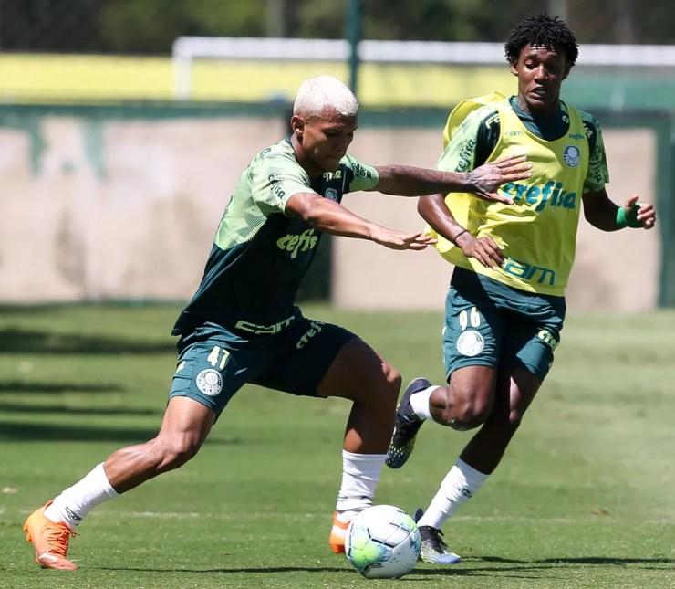 Gabriel Veron voltou a treinar e pode ser opção contra o Grêmio — Foto: Fabio Menotti / Ag. Palmeiras