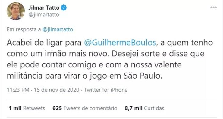 Jilmar Tatto declara apoio a Guilherme Boulos no segundo turno na disputa na capital paulista.  — Foto: Reprodução/Twitter 