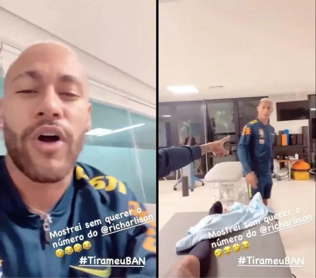 Neymar brinca com Richarlison após levar ban na Twitch por mostrar telefone do jogador — Foto: Reprodução