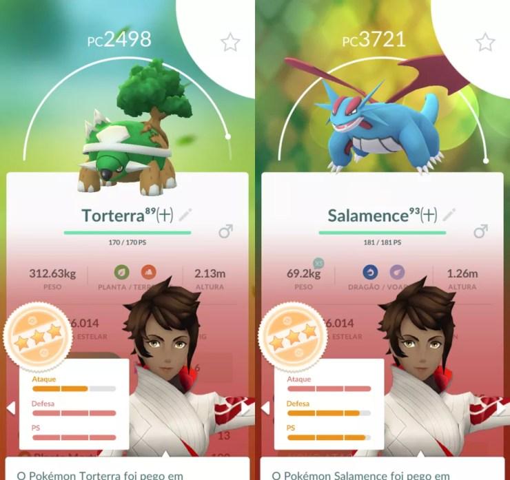 Torterra tem IV de 89%, já o Salamence tem o IV de 93% — Foto: Reprodução/Pokémon GO - Montagem/Cristino Melo