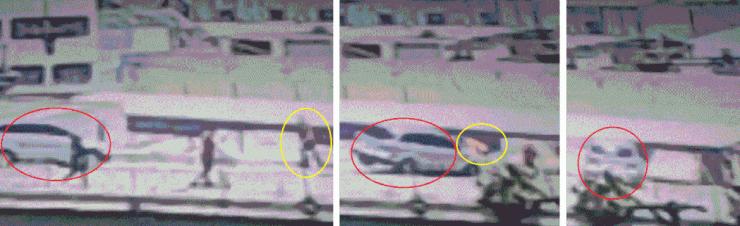 Fotos acima mostram sequência gravada por câmera de segurança do atropelamento de pedestre que foi arremessado por carro do Viaduto do Gasômetro, no Centro de São Paulo — Foto: Reprodução/TV Globo