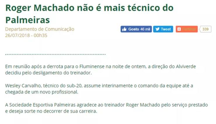 Site oficial do Palmeiras informou demissão durante a madrugada — Foto: Reprodução
