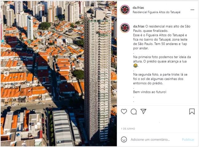 Foto que mostra sombra de residencial de 50 andares na vizinhança viralizou e causou polêmica na internet — Foto: Reprodução/Instagram/Daniel Frias