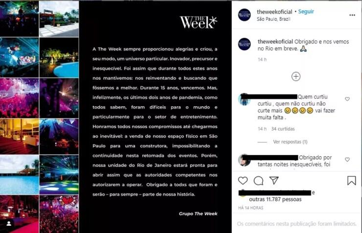 The Week, icônica balada gay de SP, anunciou em nota nas redes sociais na quinta-feira (16) o encerramento das atividades na capital  — Foto: Redes Sociais/Reprodução