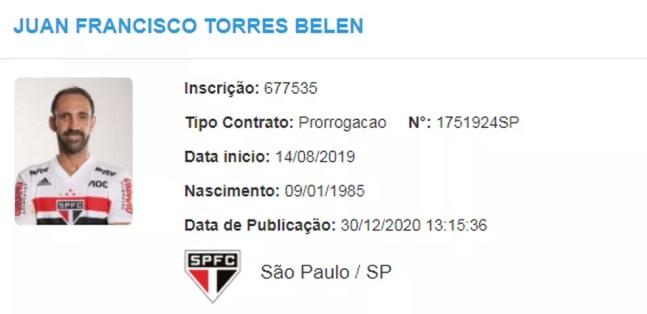 Juanfran tem extensão de contrato com o São Paulo no BID — Foto: Reprodução