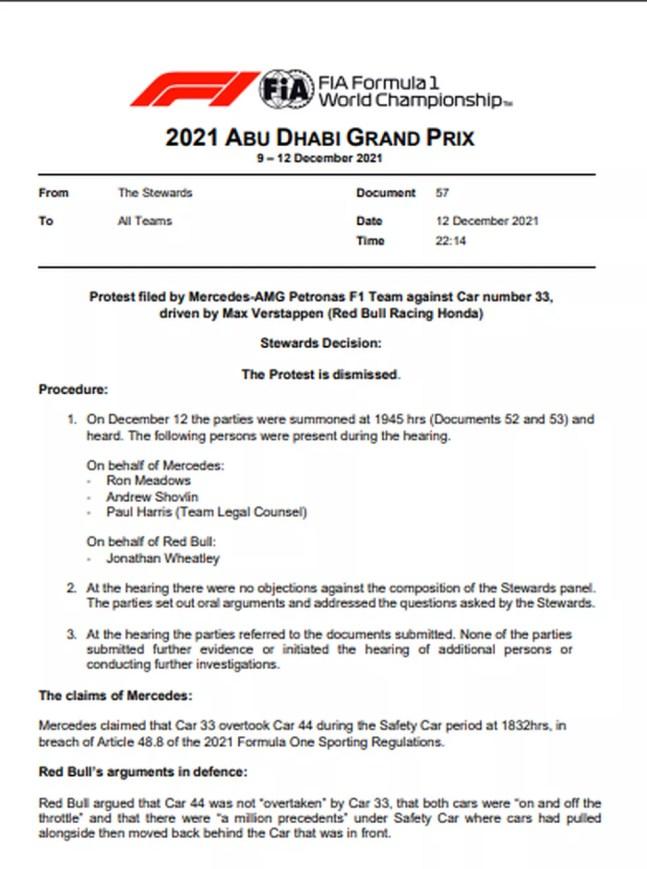 Documento da FIA detalha rejeição do protesto da Mercedes no GP de Abu Dhabi — Foto: FIA