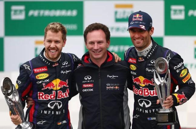 Sebastian Vettel, Christian Horner e Mark Webber no pódio do GP do Brasil — Foto: Getty Images