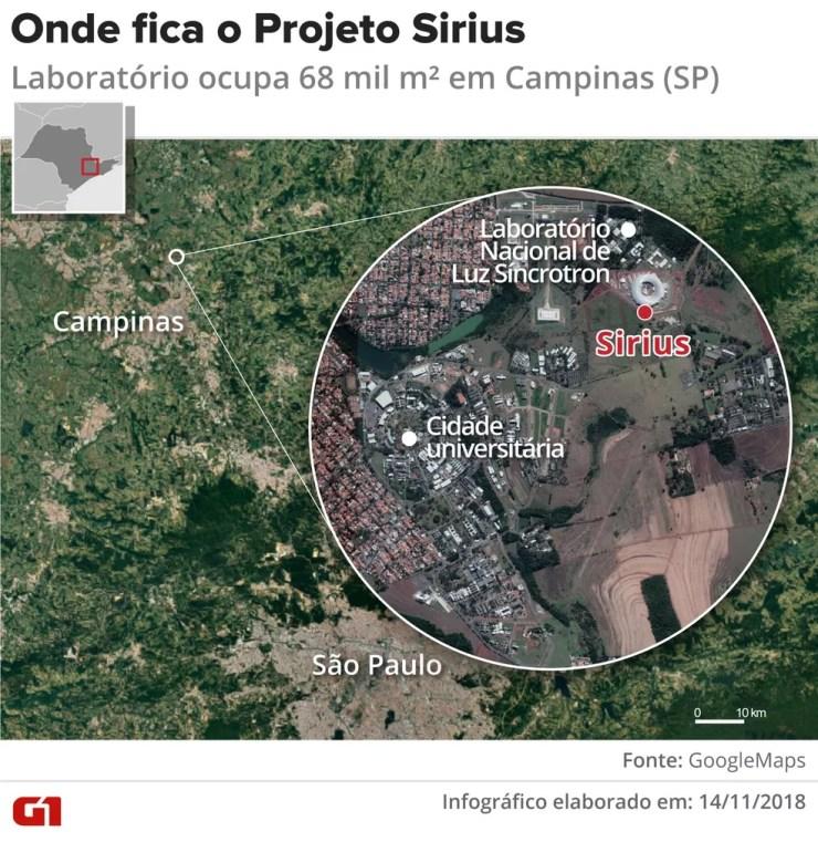 Mapa  - Onde fica o projeto Sirius — Foto: Igor Estrella/G1