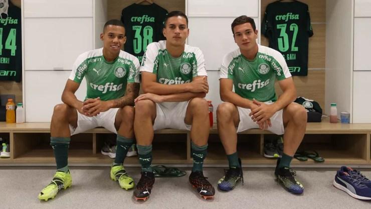 Gustavo Garcia, Renan e Fabinho, jogadores do Palmeiras — Foto: Cesar Greco / Ag. Palmeiras