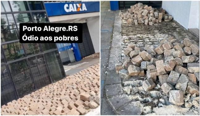 Pedras colocadas em frente a uma agência da Caixa em Porto Alegre e retirada após postagem do padre. — Foto: Reprodução/Redes Sociais