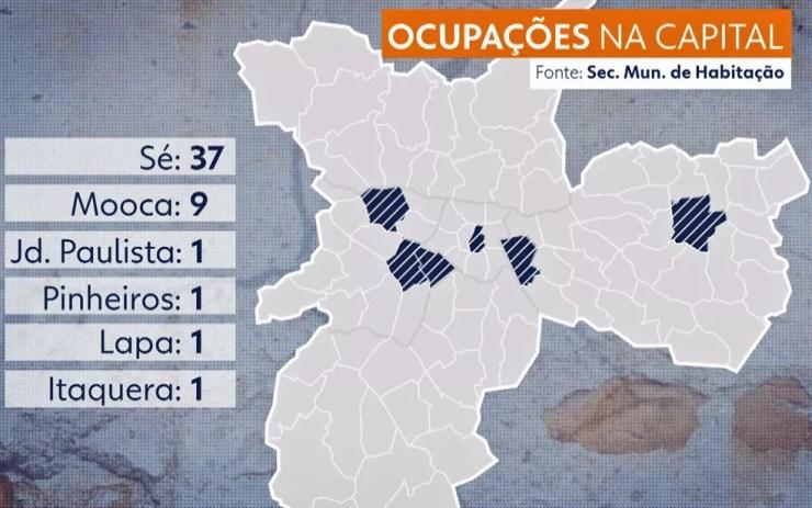 Veja o mapa das ocupações em São Paulo — Foto: TV Globo/Reprodução