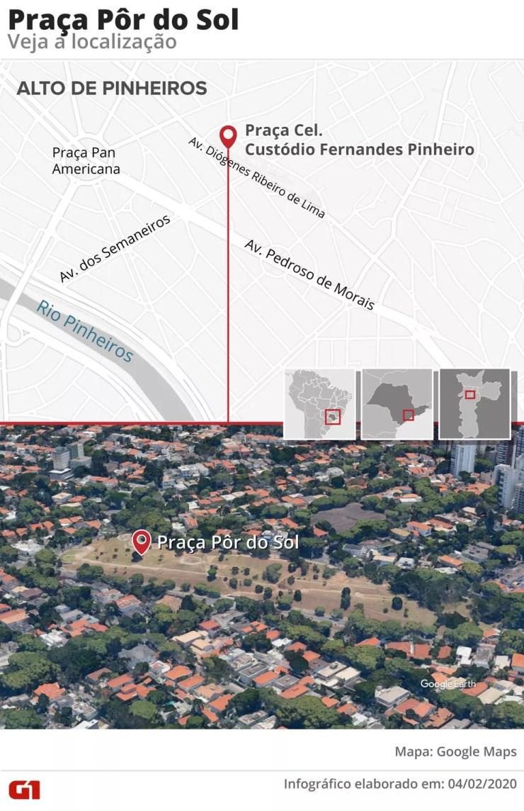 Veja a localização da Praça do Pôr do Sol, em Alto de Pinheiros, na Zona Oeste de São Paulo — Foto: Fernanda Garrafiel/G1