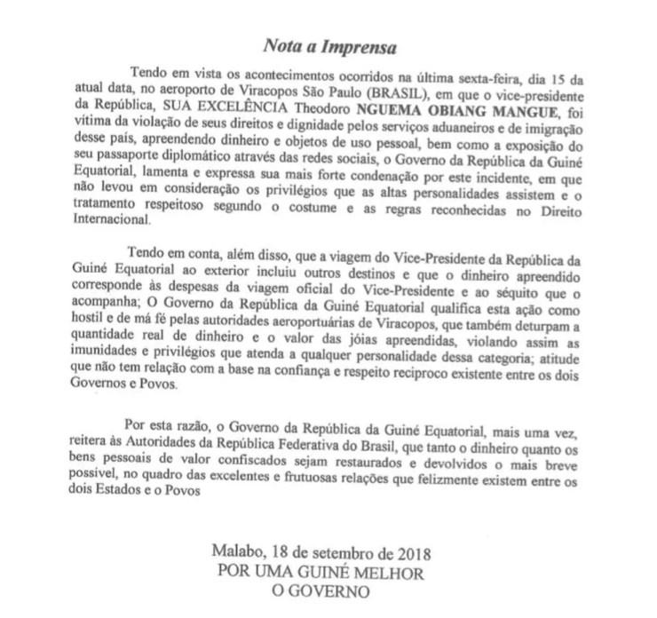 Embaixada da Guiné publicou nova nota sobre incidente em Viracopos — Foto: Reprodução